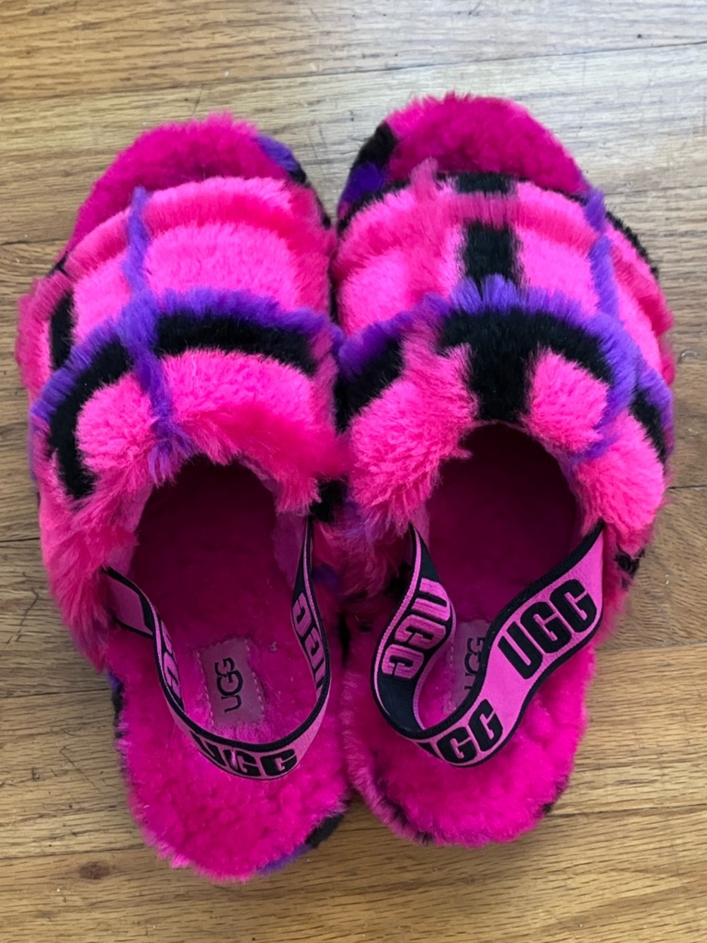 UGG Hot Pink Fuzzy Slide Sandals with Black and Purple Accents - Picture 3 of 3